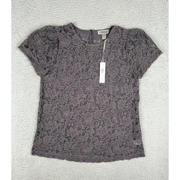 NWT Chelsea28 Lace Top Blouse XS Short Capped Sleeve Gray Floral Design - Picture 2 of 13